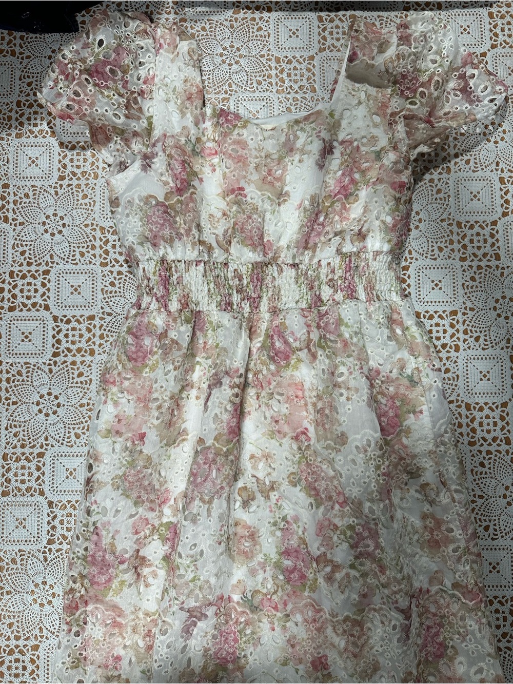 Solitaire XL Floral Eyelet Puff Sleeve Smocked Maxi Dress Pockets